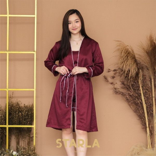 PIYAMA SATIN KIMONO SET 3in1 BAJU TIDUR WANITA SATEN PREMIUM SELENE - Maroon, M