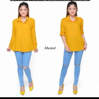Atasan Kemeja Wanita Rayon Basic Polos Warna Kuning Mustard Fit To S-M