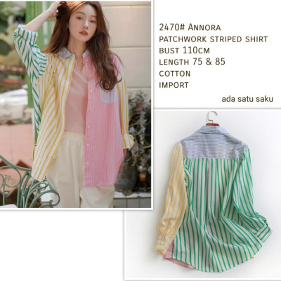 Annora Patchwork Striped Shirt Kemeja Wanita Import 2470
