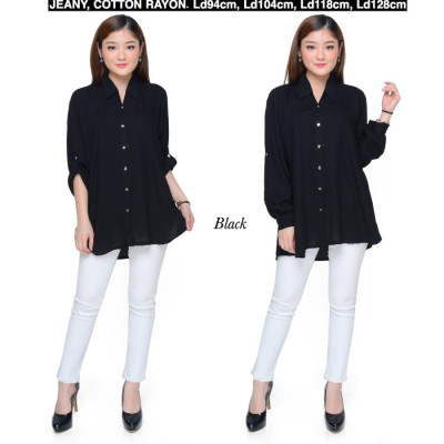 Atasan Kemeja Wanita Rayon Basic Polos Warna Hitam fit to XL