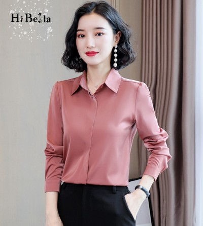 Carrie Satin Shirt - Kemeja kerja wanita premium satin lengan panjang - Dusty Rose, M