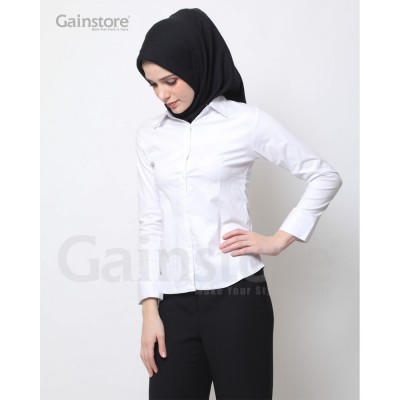 Kemeja Putih Polos Wanita Baju Kantor Formal Kerja Katun Strec - Putih, M