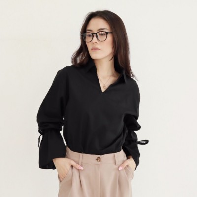 MSMO Izumi Tied Arms Oversized Shirt / blouse v neck wanita - Black