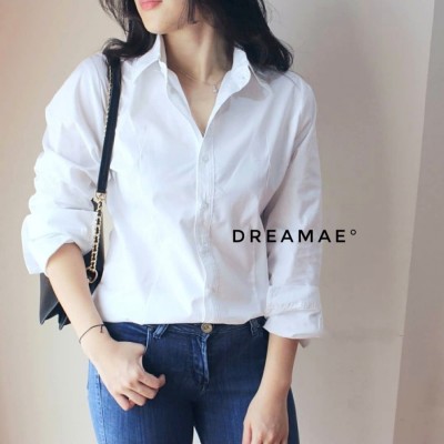 Kemeja Wanita Cewek Warna Putih Polos Atasan Kerja Tangan Panjang - M