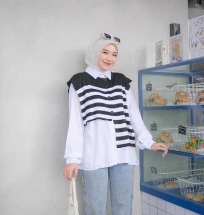 Kemeja Wanita Korean Style DAEJEON + Atasan Rayon Twill + Outer Knit - White, all size