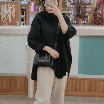 Olivia Shirt Kemeja Linen Wanita Oversized Premium Quality - Hitam, All Size