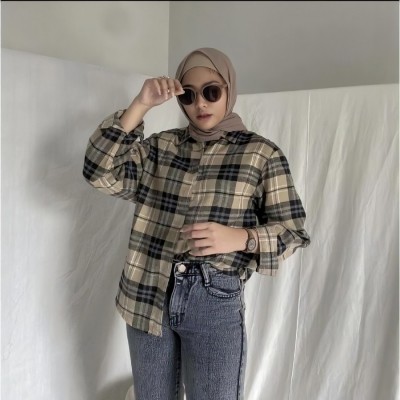 Kemeja Wanita Lengan Panjang Flanel Wanita kemeja Kotak Kotak - NEWCREAM, XL