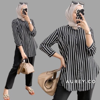 setelan kemeja wanita kemeja kerja wanita kemeja garis wanita - BLACK, Allsize Ld110cm
