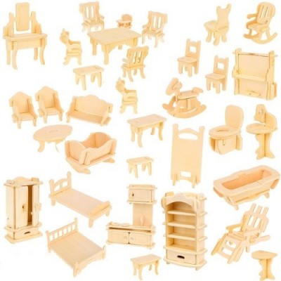 3D Wooden DIY Building Mini Furniture Puzzle Kayu Rumah Boneka 34 Set